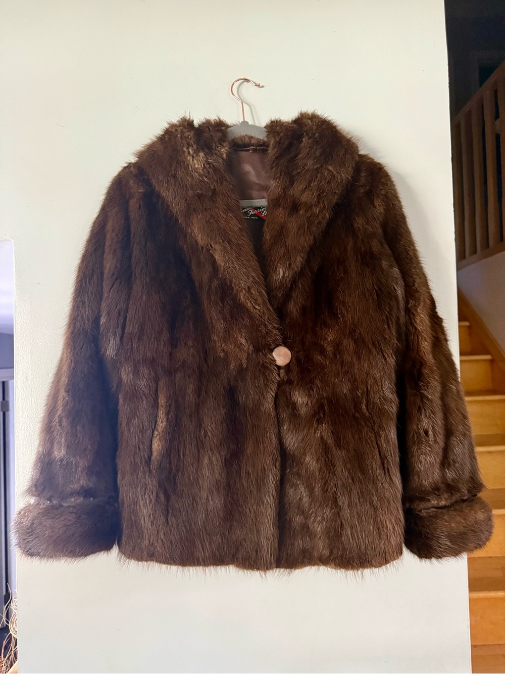 Vintage 1950s Edmonton Furriers Genuine Mink Fur Jacket Brown Stroller Coat L/XL